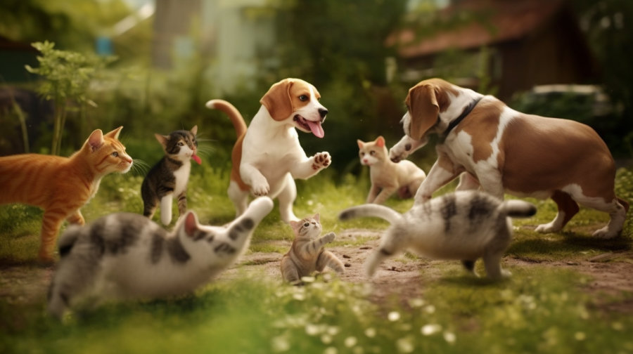 Beagles playing with Cats